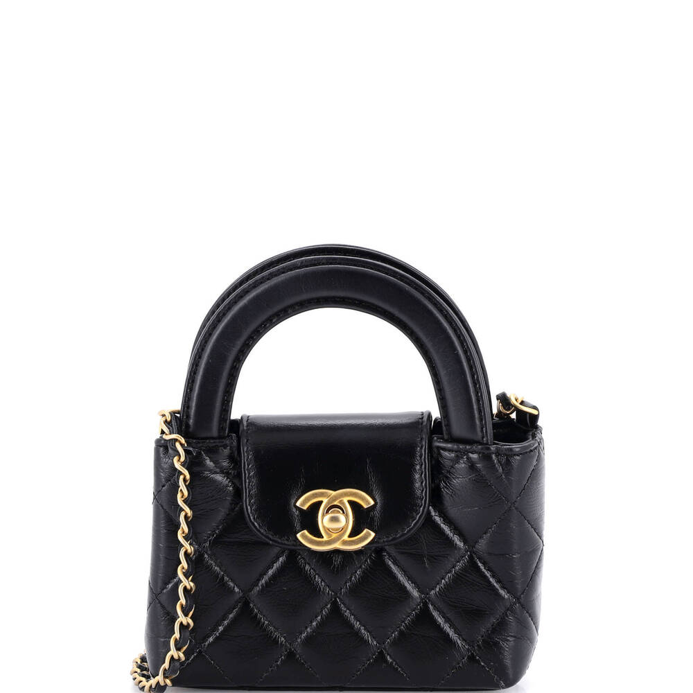 Chanel Nano Kelly Top Handle Shopping Bag Quilted Shiny Aged Calfskin